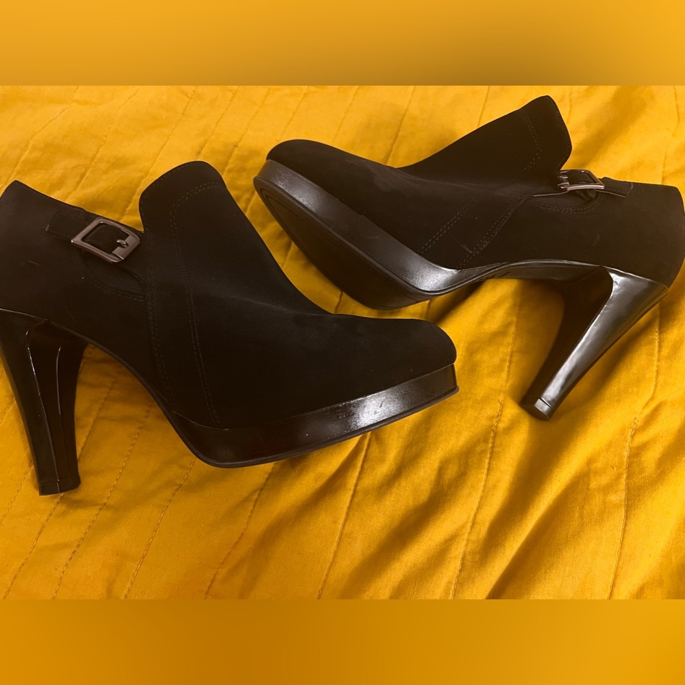 Trendy black suede booties with heel. Sz 10. Gently worn.